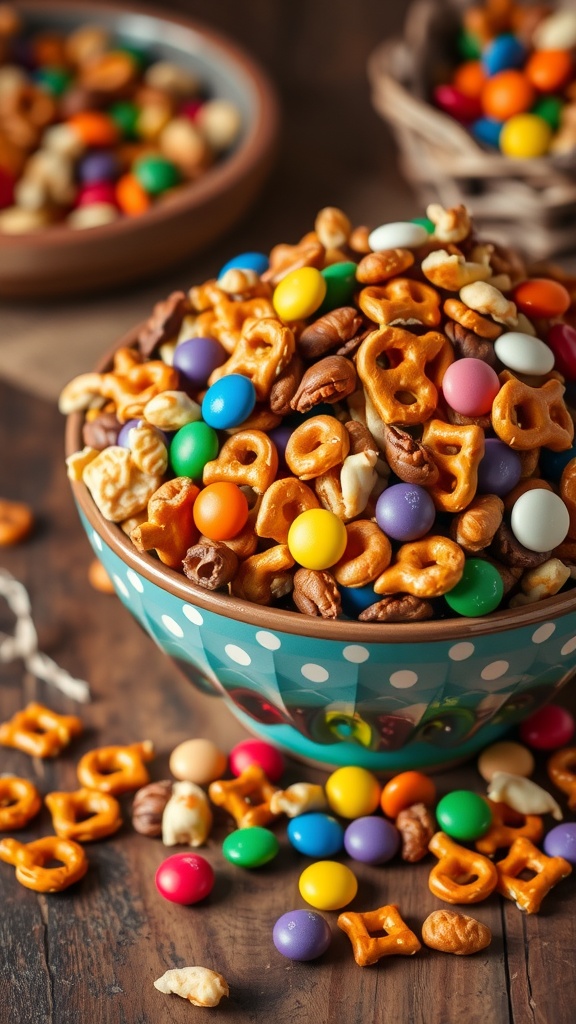 Delicious and Crunchy Snack Mix Recipe A bowl of homemade snack mix with pretzels, nuts, and chocolate candies on a wooden table.